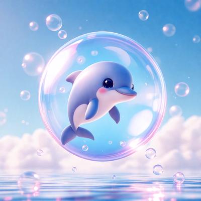 The primary subject of the image is a cute, cartoon-like dolphin. The dolphin is flying through the air, surrounded by a bubble-like environment. The setting appears to be a blue sky, with clouds visible in the background. The visual style of the image is a combination of photo and digital art, creating a whimsical and playful atmosphere. The dominant colors in the image are blue and white, with the dolphin being predominantly white.